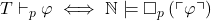 T\vdash_{p}\varphi\iff\mathbb{N}\models\square_{p}\left(\ulcorner\varphi\urcorner\right)